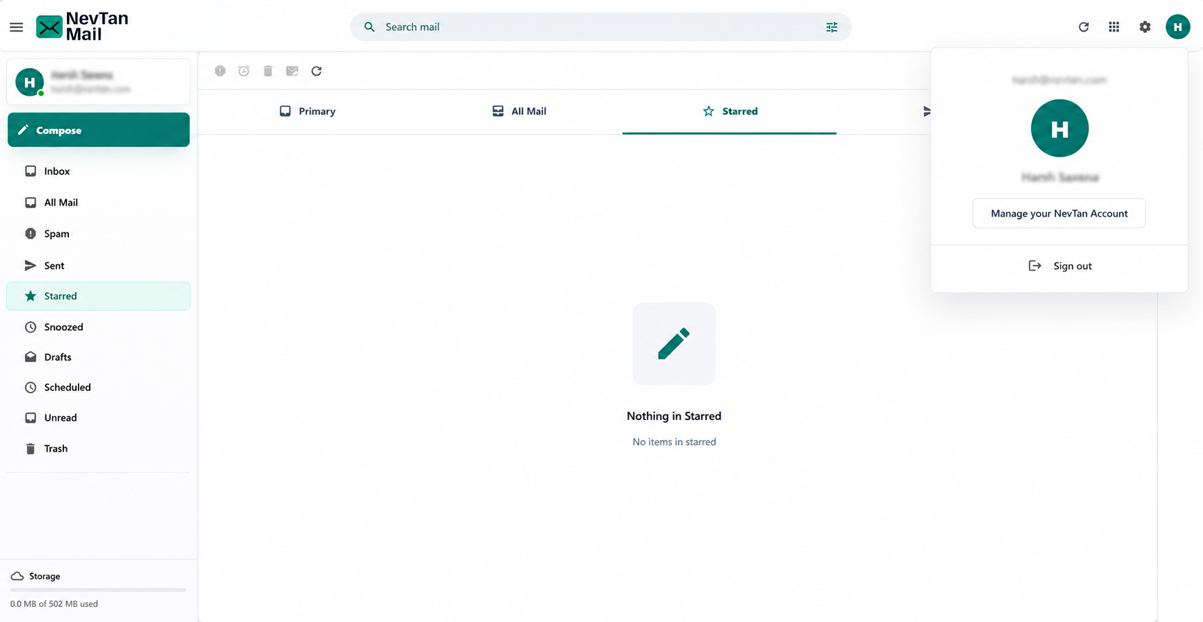 Account menu open from the top-right avatar