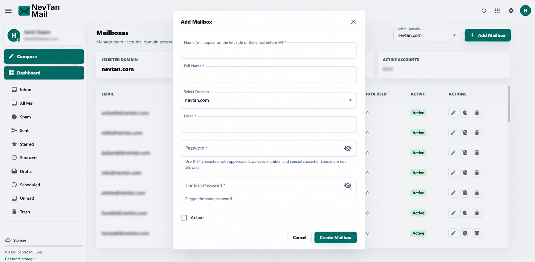 Add Mailbox dialog with name, full name, domain, and password fields