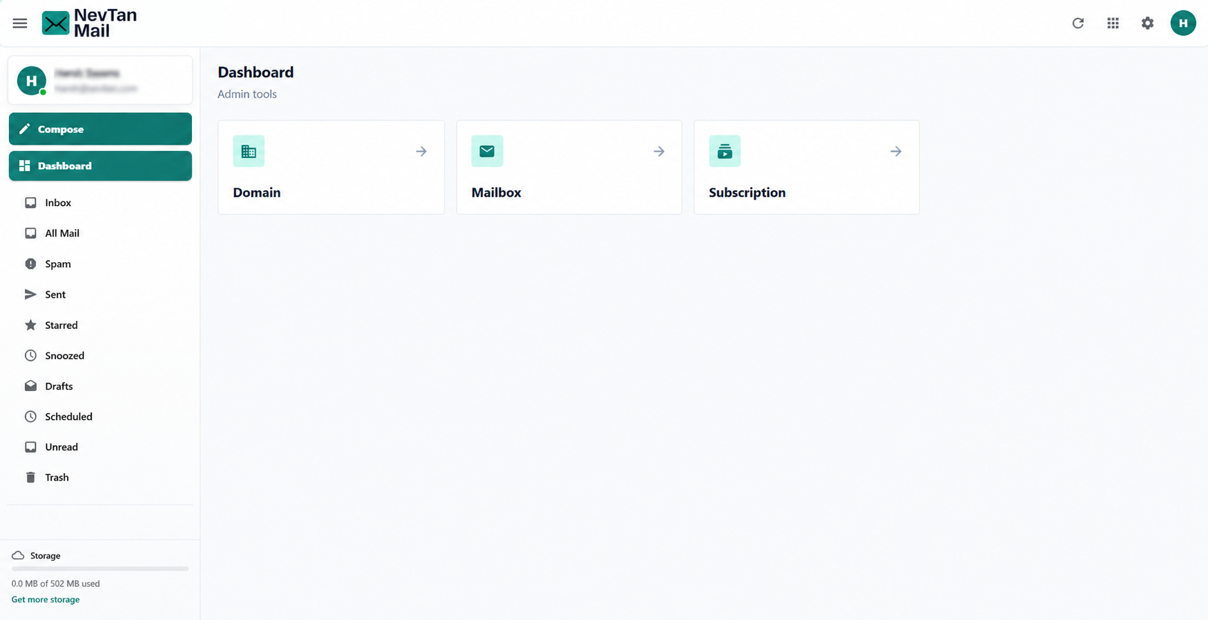Admin dashboard with Domain, Mailbox, and Subscription cards