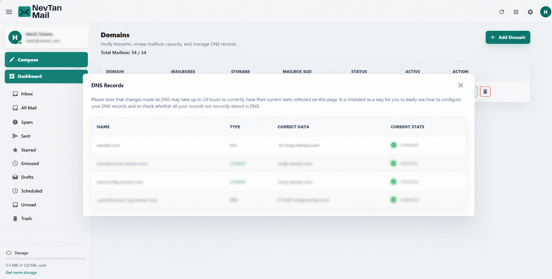 DNS records modal listing name, type, correct data, and current state