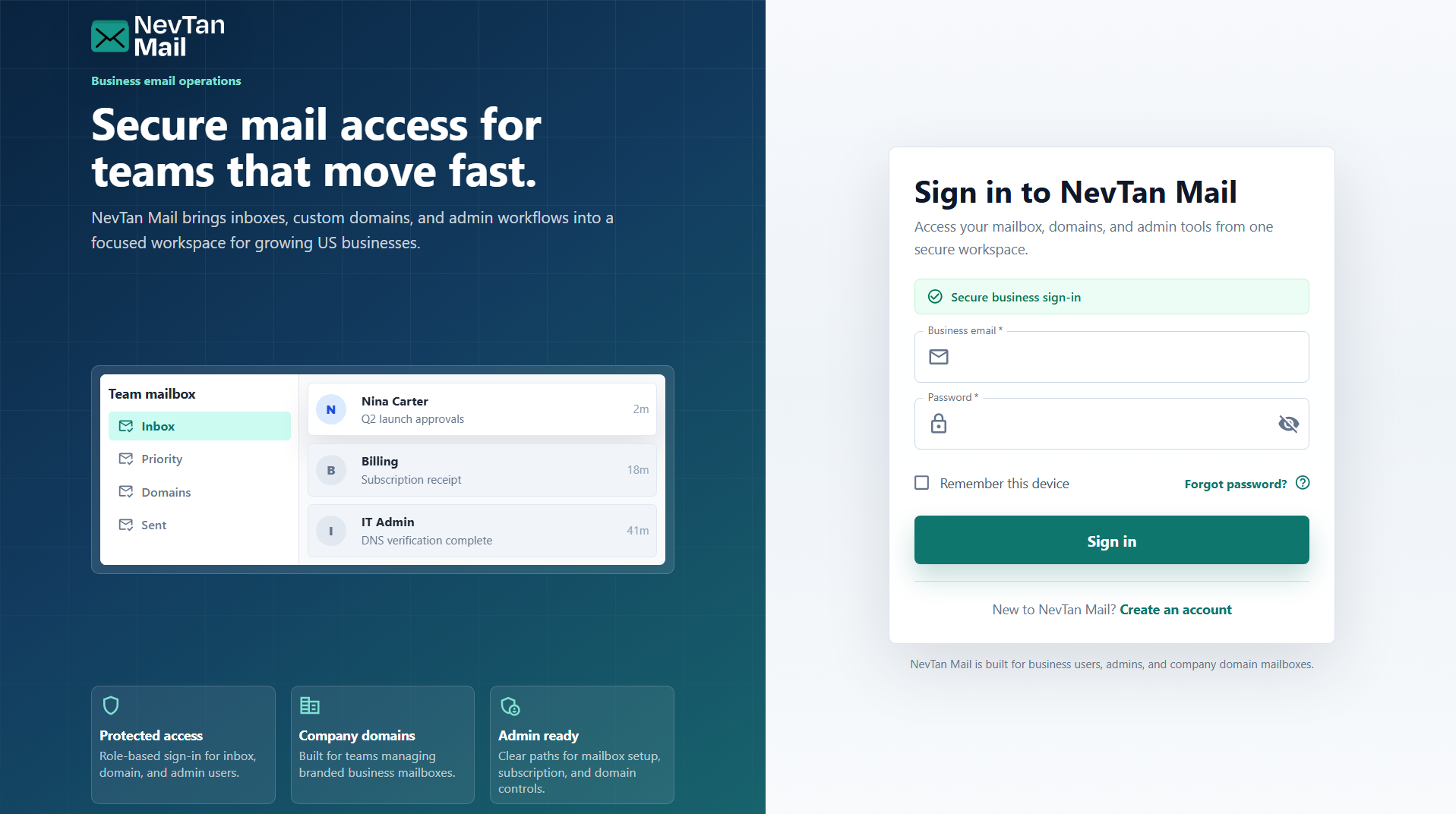 NevTan Mail sign-in page