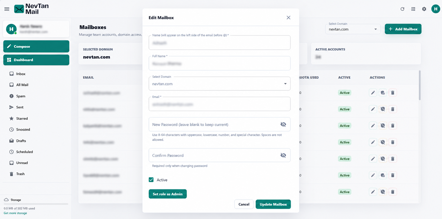 Mailbox editor showing the Set role as Admin / Revoke admin access control