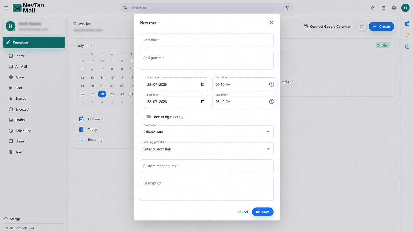 New meeting form with title, guests, time, and provider