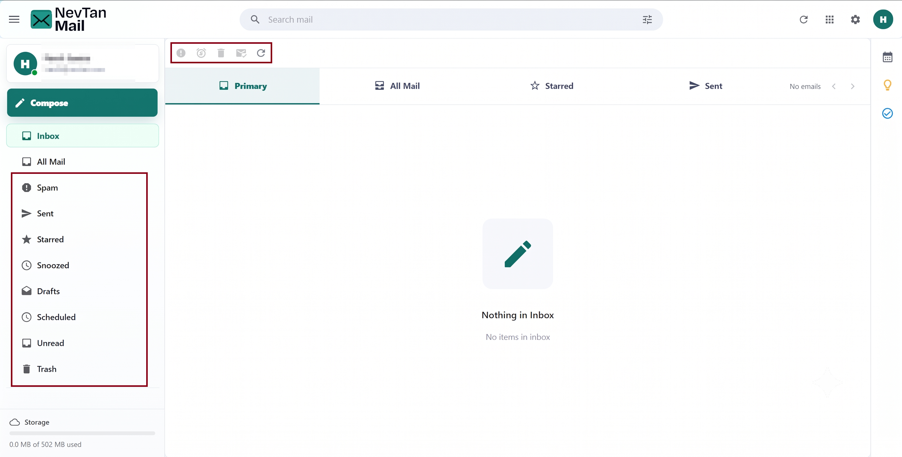 Message toolbar with spam, snooze, trash, and read controls