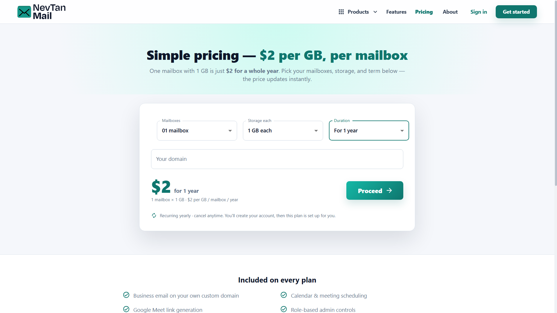 Plan builder with mailbox count, storage tiers, and price summary