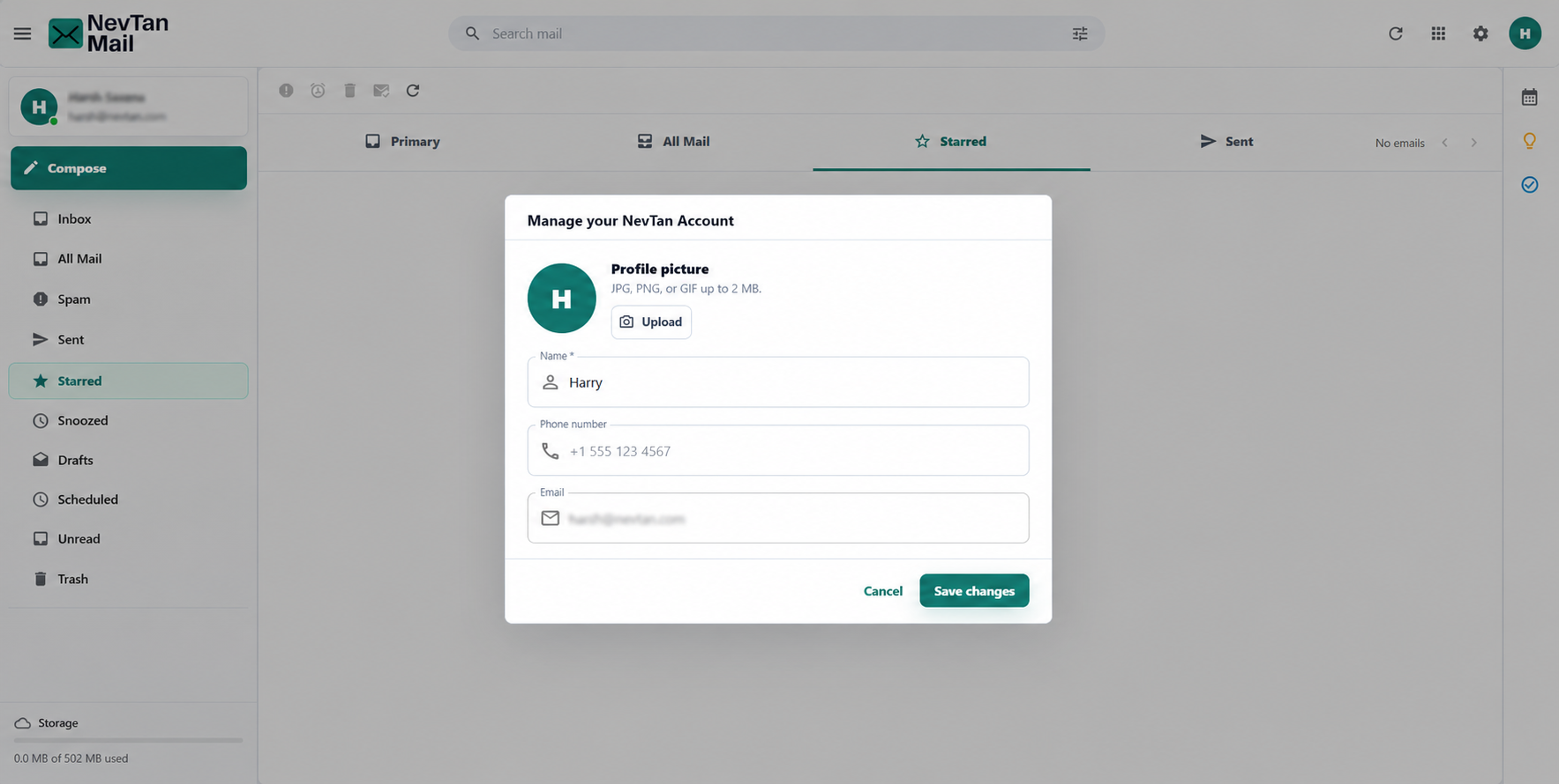 Profile dialog with name, phone, and profile picture