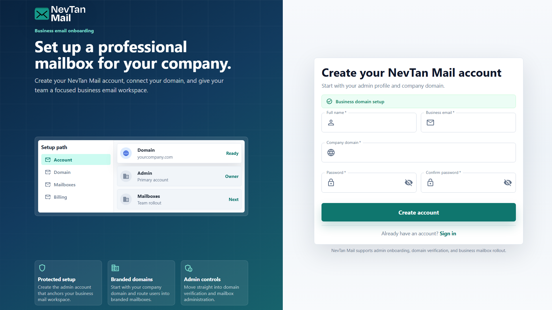 NevTan Mail sign-up form
