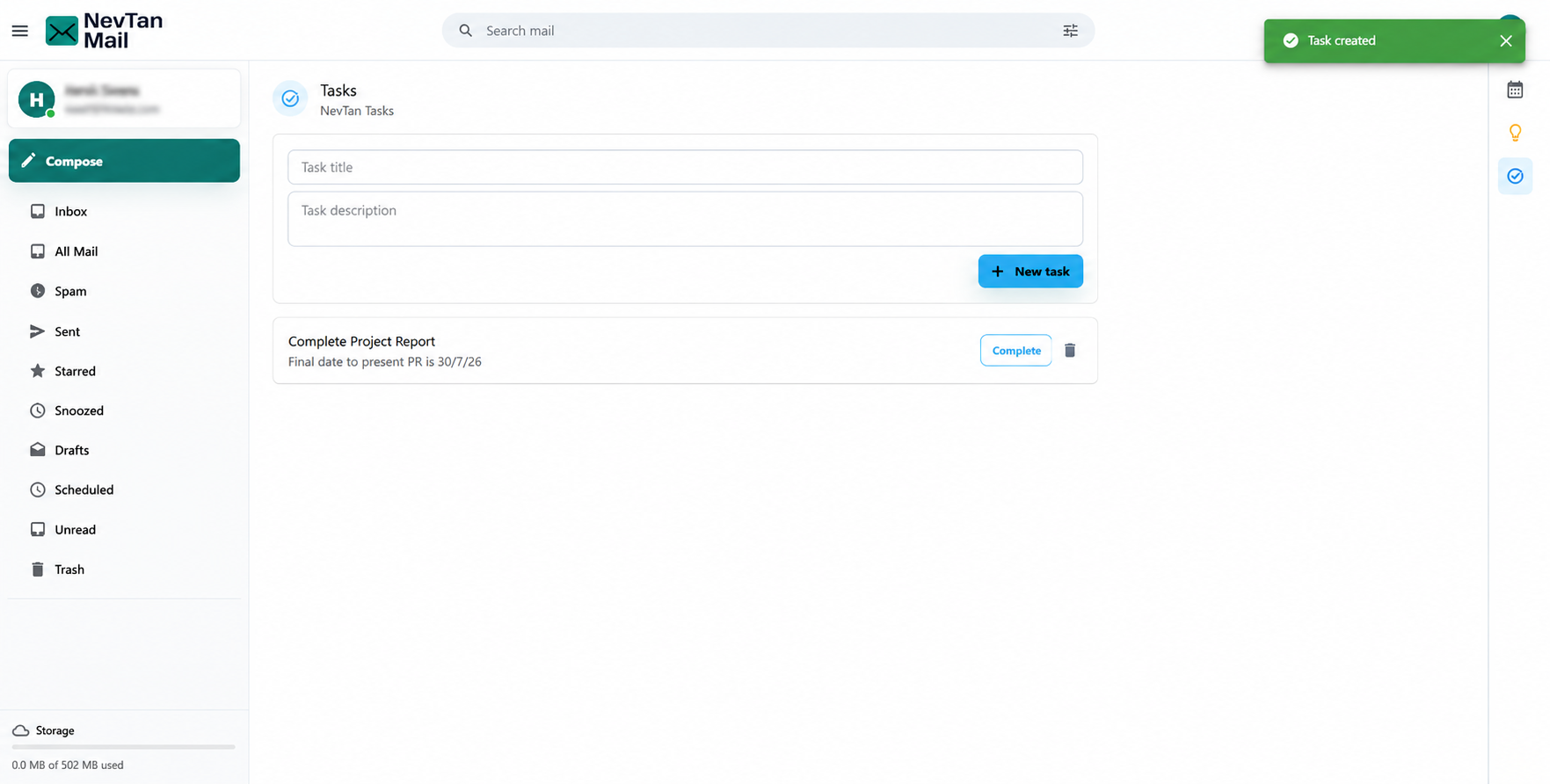 Tasks list with items, one completed