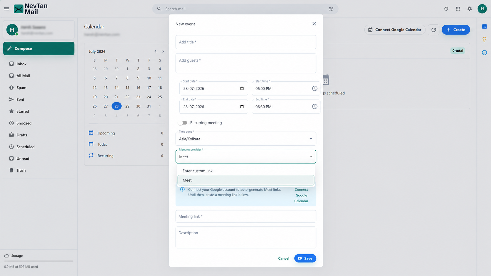 Video provider options: Meet and Enter custom link